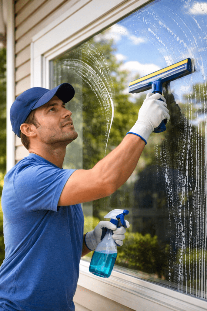 Man Using Squeegee to Clean Window
