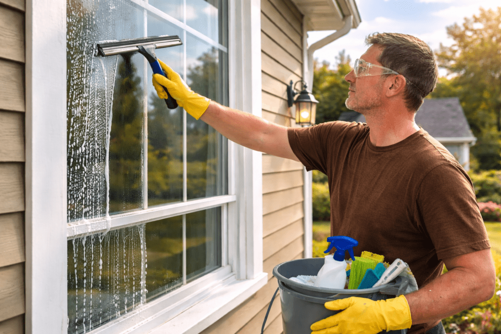 Man Cleaning Windows Top to Bottom