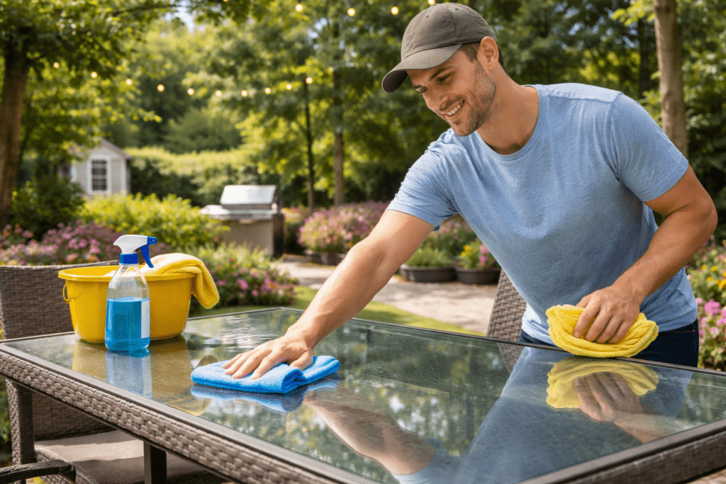 Man Wiping Down Glass Patio Table Top with Microfiber Cloths