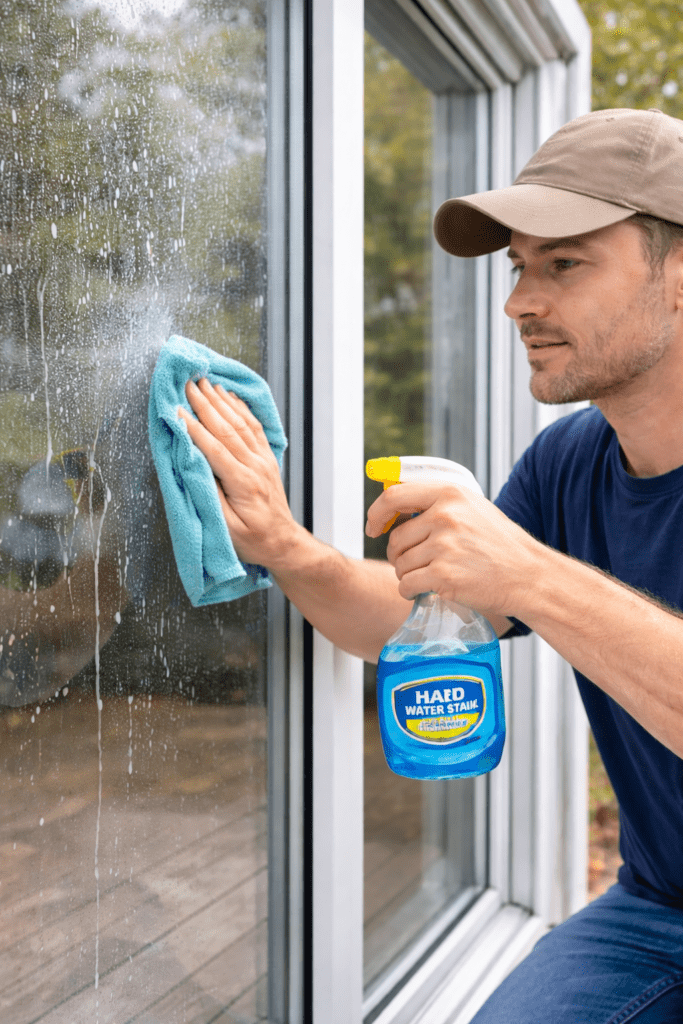 Man Removing Hard Water Spots from Window