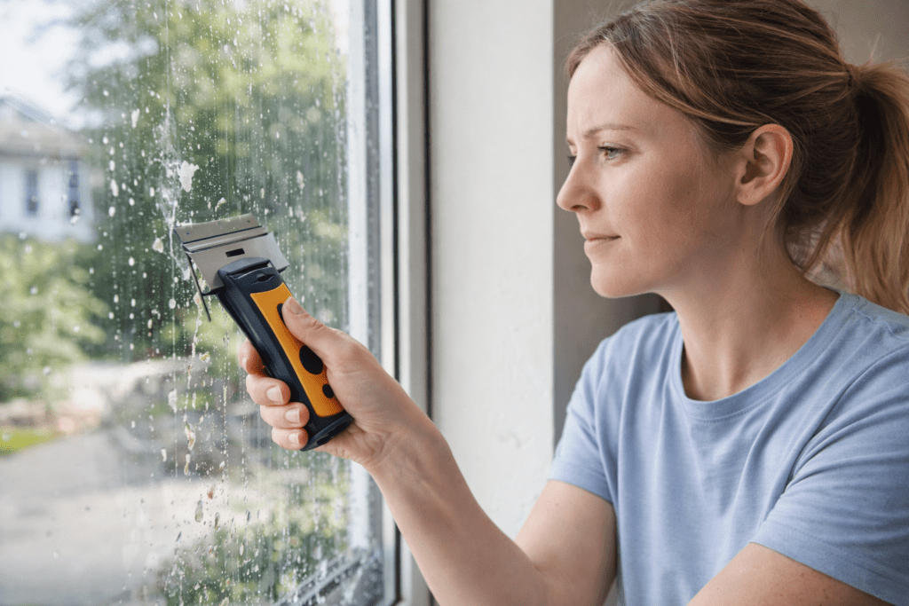 Woman Using a Razor to Scrape Residue Off Dirty Window