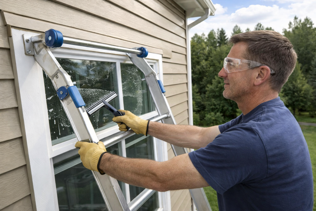 Man Washing Second Story Window While on a Ladder