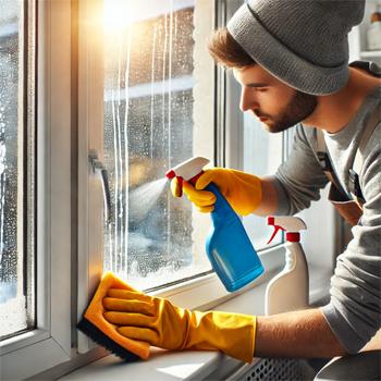 Man Spraying Window with Cleaner