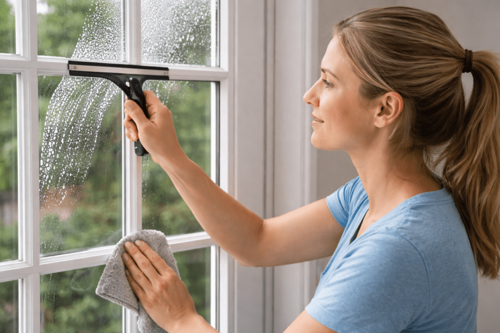 Woman Using a Squeegee to Clean French Pane Window