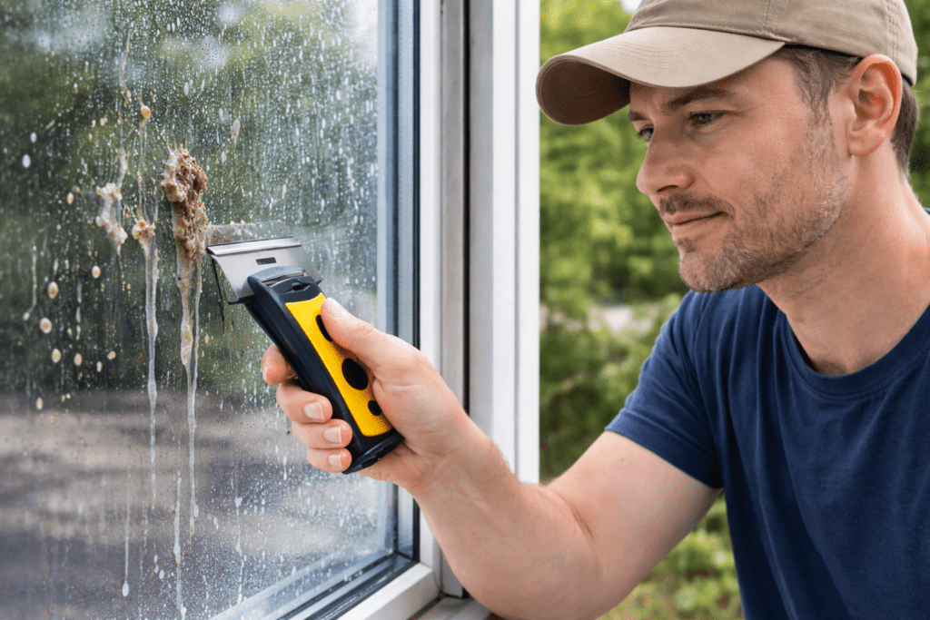 Man Removing Tree Sap from Glass Window with Razor Blade