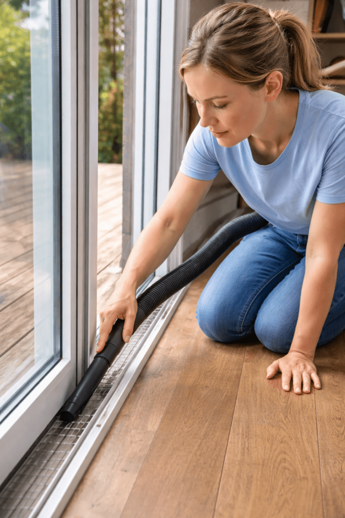 Woman Vacuuming Track of Sliding Glass Door with Crevice Attachment