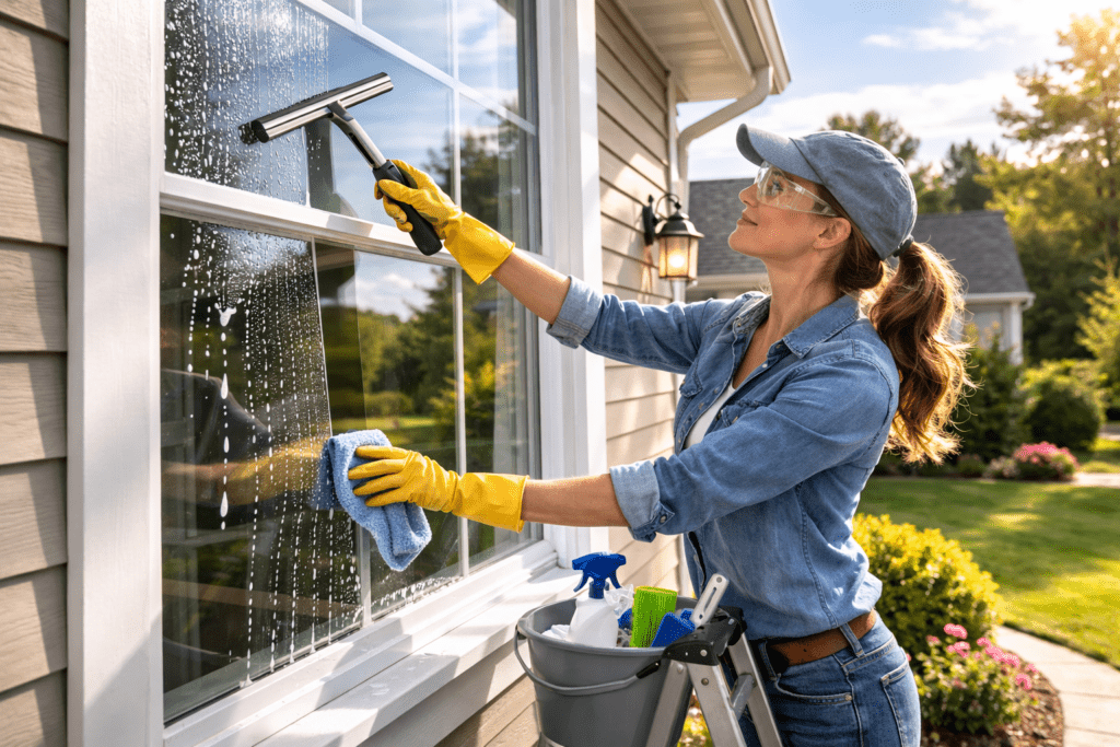 Woman Cleaning Window with Squeegee